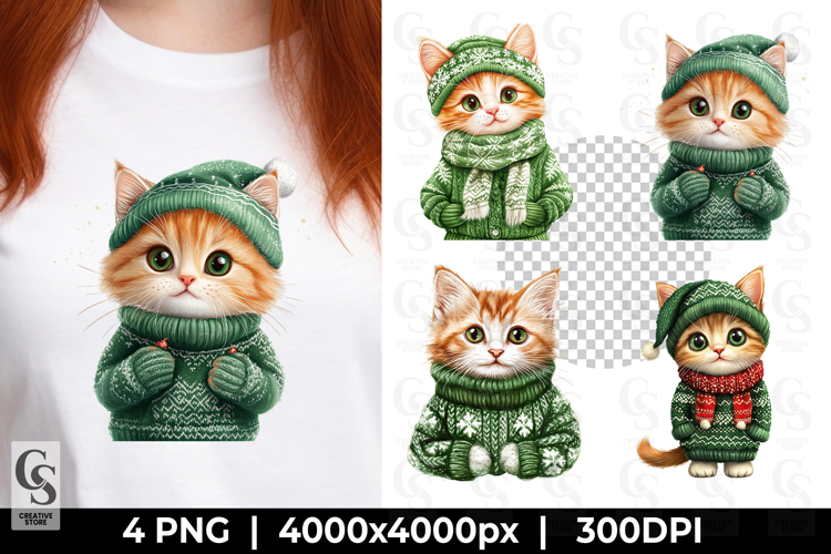 Cute Winter Cat in Green Sweater Clipart Sublimation