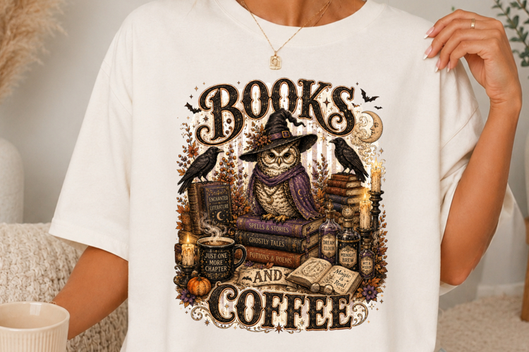 Books And Coffee Halloween Owl Witch Vintage SVG