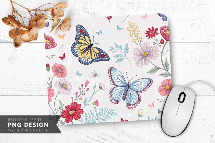 Butterfly and Flower Pattern Mouse Pad PNG Design
