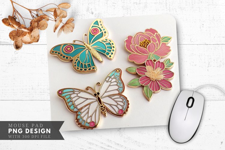 Butterfly Floral Enamel Pins Mouse Pad PNG Design example image 1