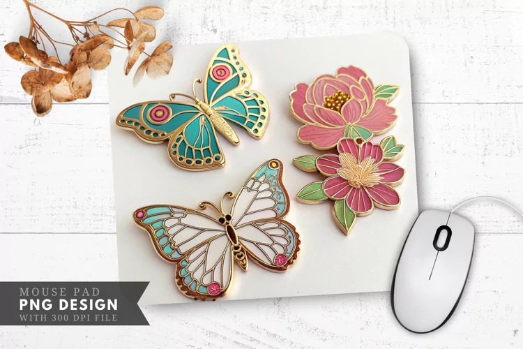 Butterfly Floral Enamel Pins Mouse Pad PNG Design