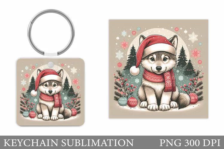 Christmas Wolf Keychain. Christmas Keychain Sublimation