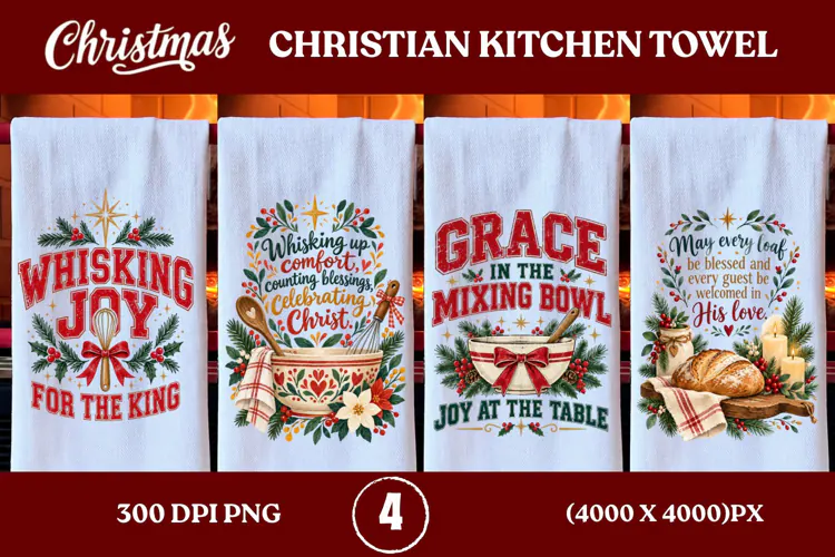 4 Christian Christmas Kitchen Towel PNGs, 4 Jesus Christmas