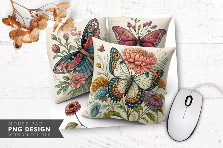 Butterfly Floral Decorative Pillow Mouse Pad PNG Design
