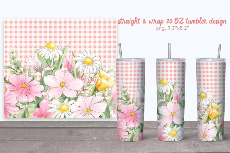 Wildflowers & chamomiles Flower tumbler 20 oz with plaid