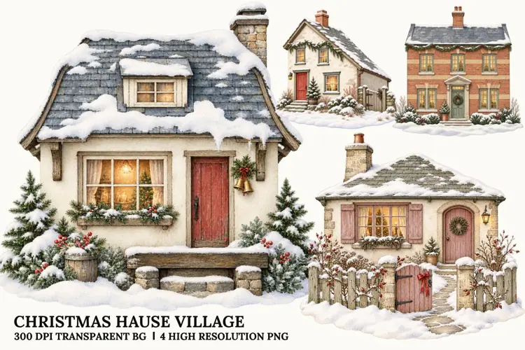 Christmas House Village PNG, Snowy Cottage Sublimation Art