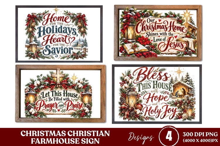 4 Christian Christmas Farmhouse Sign PNGs, 4 Rustic Christma example image 1