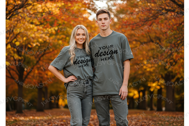 Grey t shirt Girl and boy mockup, couple autumn Mock up JPG