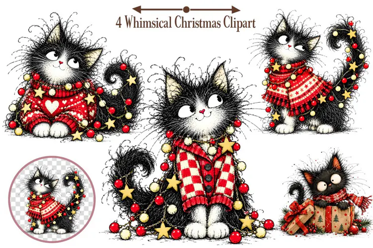 Whimsical Christmas Clipart, Christmas Cat Sublimation