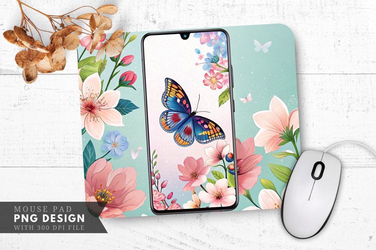 Butterfly and Flowers Wallpaper Mouse Pad PNG Design