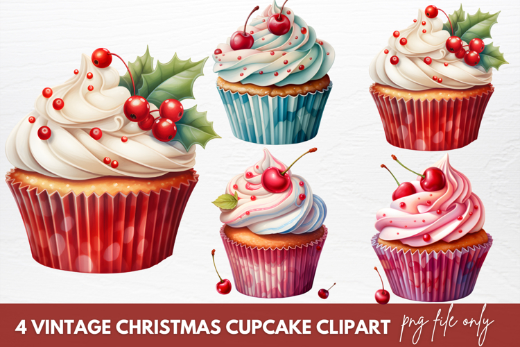 Vintage Christmas Cupcake Clipart Sublimation
