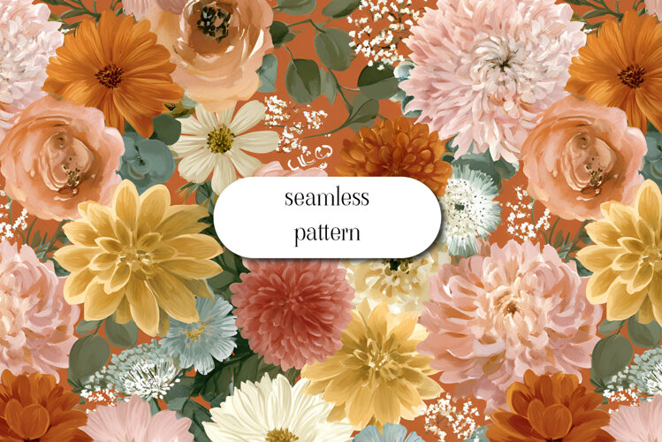 Autumn Floral Seamless Pattern Watercolor Flowers JPG example image 1