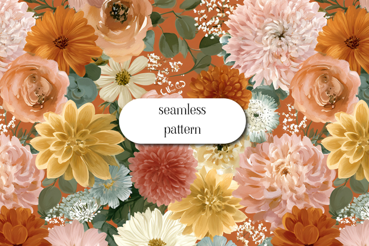 Autumn Floral Seamless Pattern Watercolor Flowers JPG