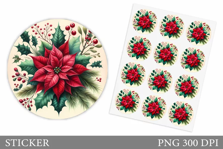 Poinsettia Sticker Design. Christmas Sticker Printable