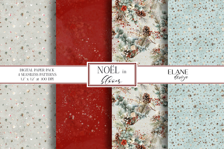 Floral Christmas Digital Paper, Winter Botanical Patterns