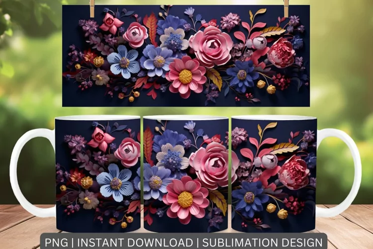 3D Flower Mug Sublimation Wrap Floral Design