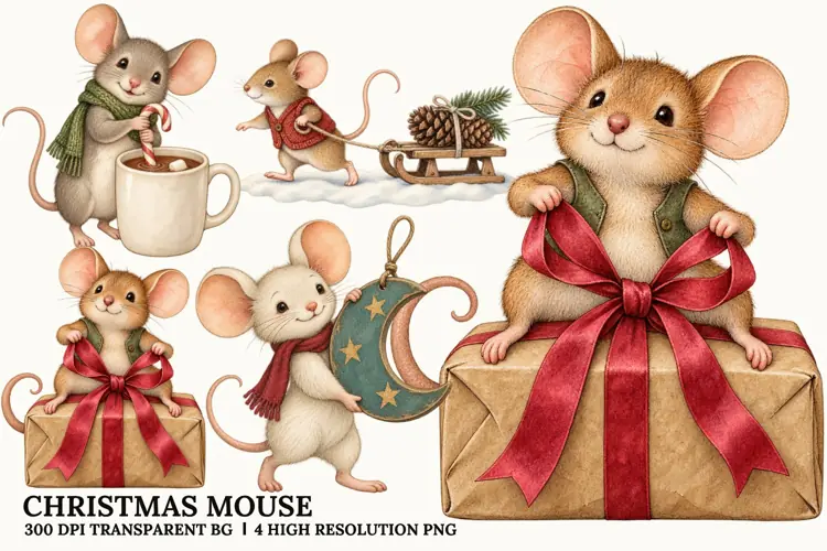Christmas Mouse PNG, Cute Winter Holiday Sublimation Art