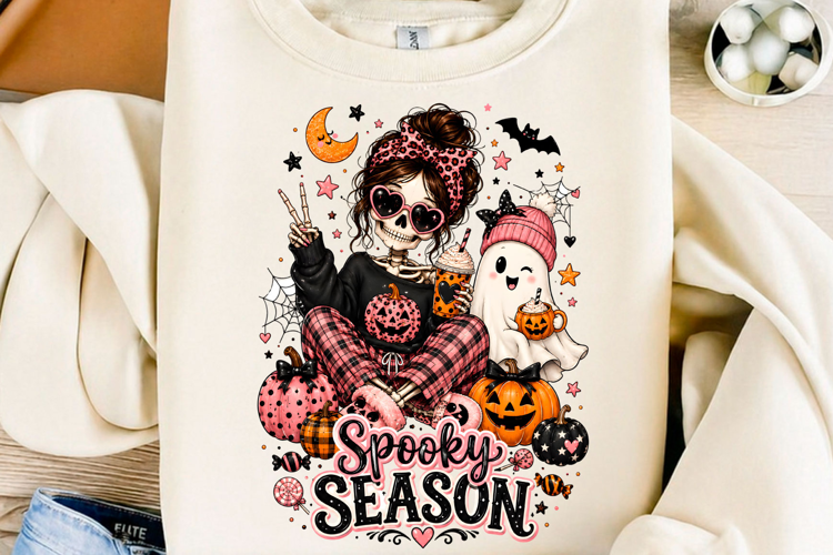 Spooky Season Skeleton Ghost PNG Pink Halloween Sublimatio