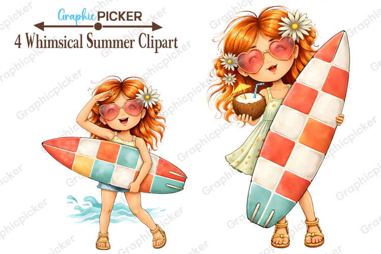 Whimsical Summer Girl Clipart, Cute Beach Girls PNG, Summer