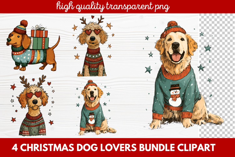 4 Christmas Dog Lovers Clipart | Festive Holiday Puppy PNG