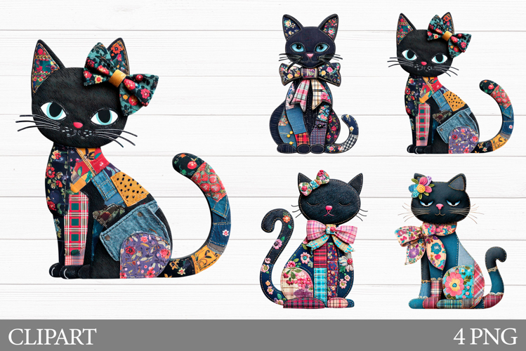 Patchwork Cat Clipart. Black Cat Sublimation