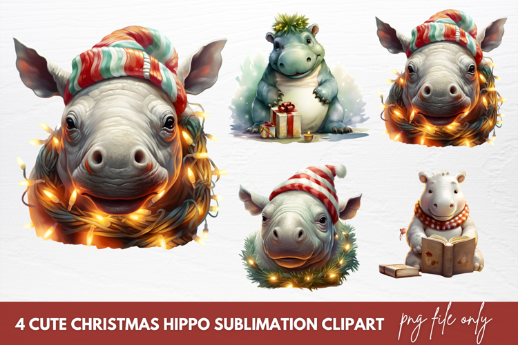 Cute Christmas Hippo Sublimation Clipart