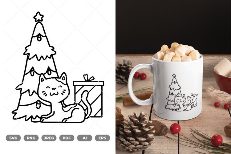 Cat and Christmas Tree SVG & Clipart example image 1