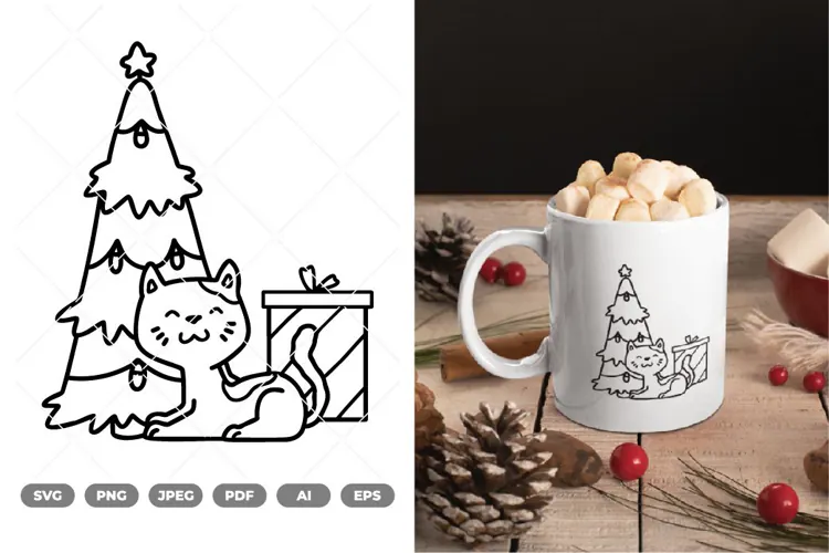 Cat and Christmas Tree SVG & Clipart