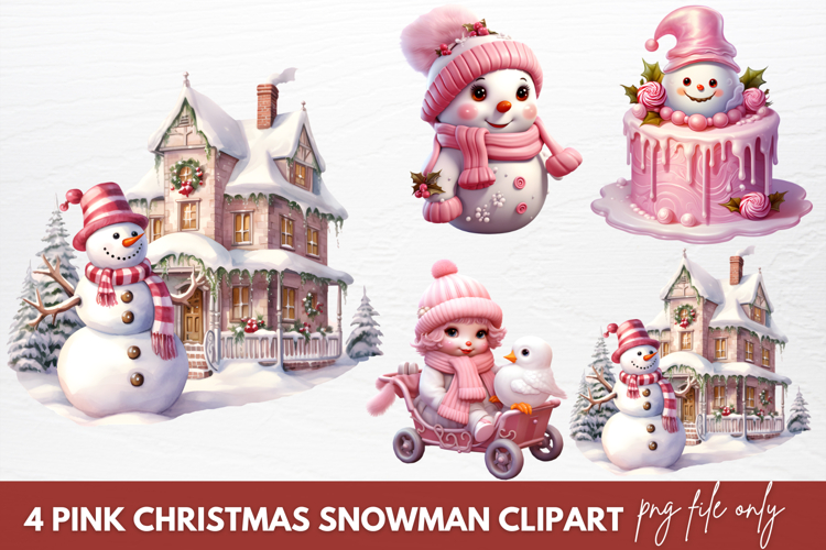 Pink Christmas Snowman Clipart Sublimation