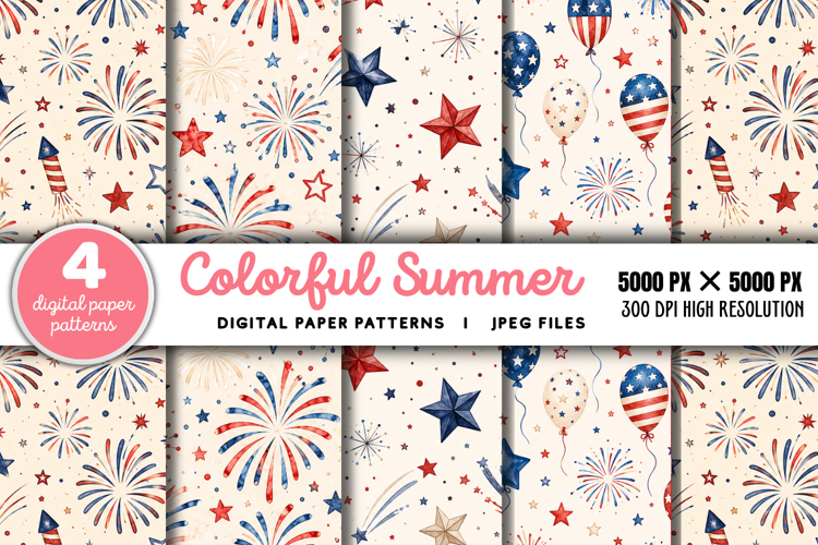 Fourth Of July Watercolor Digital Paper PNG
