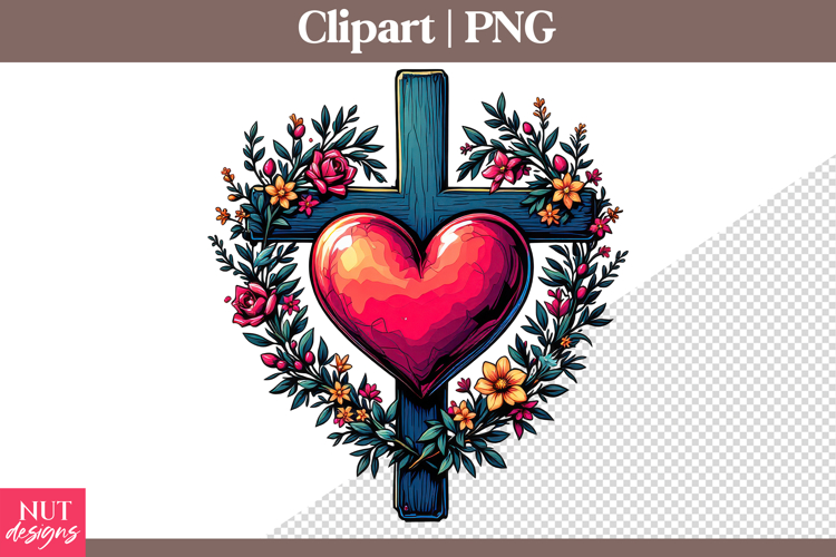 Christian clipart Heart Cross Floral Sublimation PNG