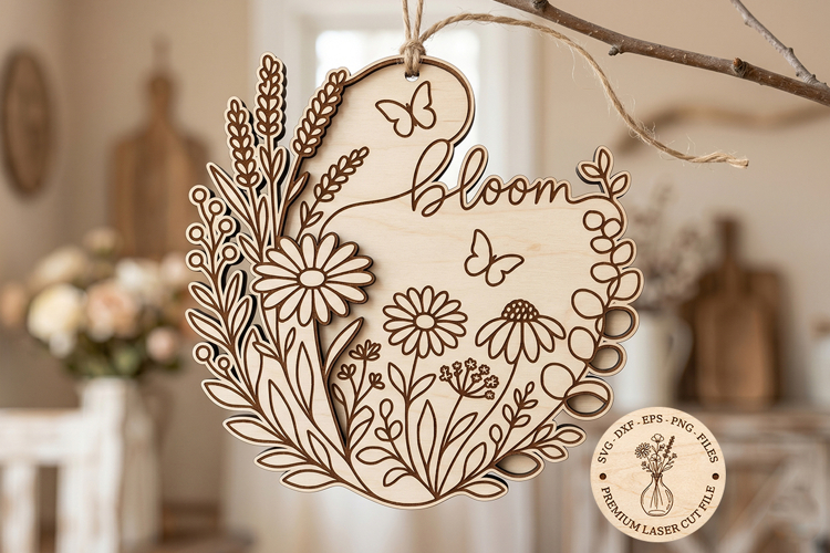 Bloom Floral SVG Sign, Wildflower Door Hanger Laser Cut File