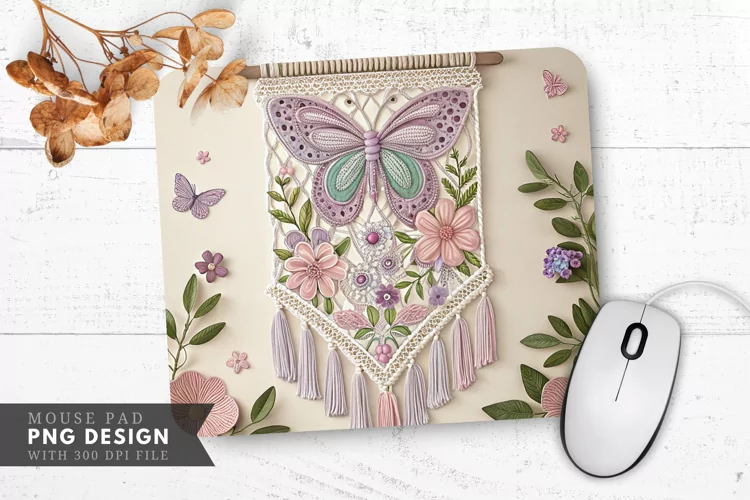 Butterfly Blossom Macramé Wall Hanging Mouse Pad PNG Design