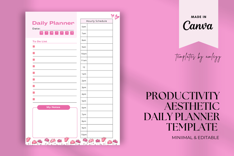 Productivity Aesthetic Daily Planner Template Editable Canva