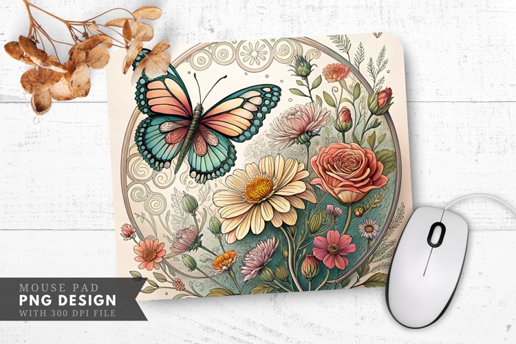 Butterfly Blooms Glass Etching Art Mouse Pad PNG Design