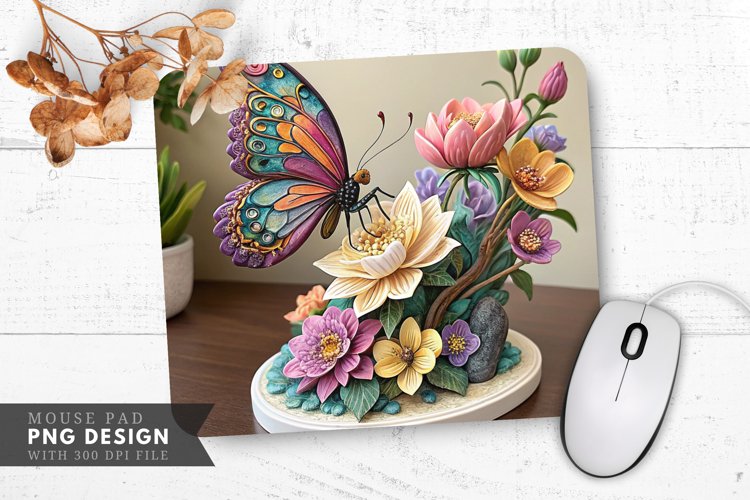Butterfly and Floral Elegance Sculpture Mouse Pad PNG Design example image 1
