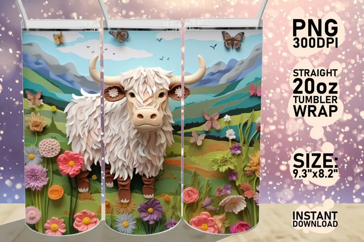 3D Highlands Cow Tumbler Wrap Sublimation 20oz PNG, Flower