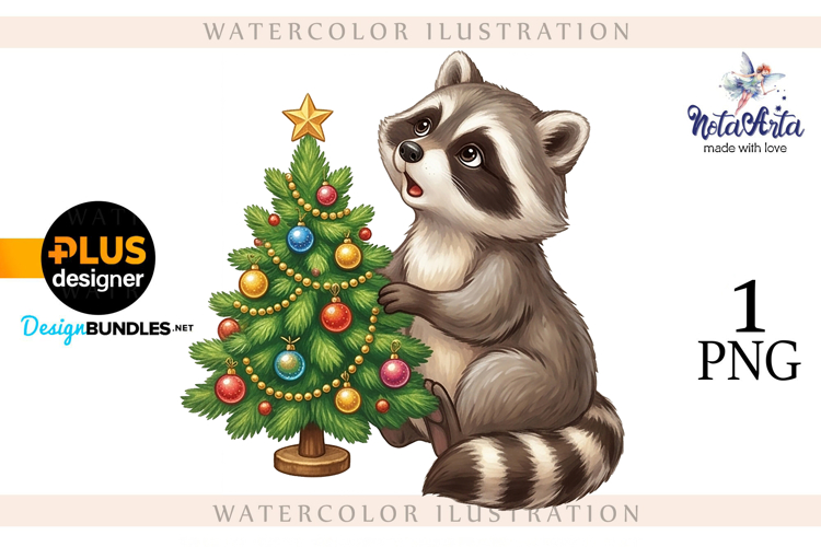 Christmas Raccoon Watercolor Illustration