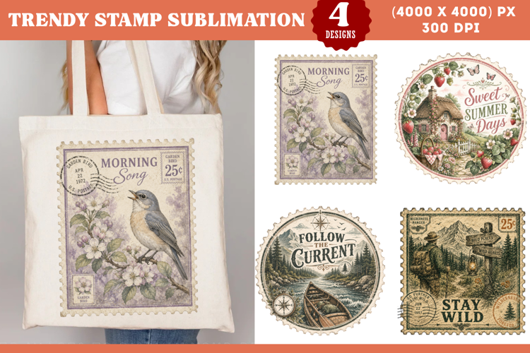 Vintage Nature Stamp Sublimation Bird Cottage Wilderness PNG