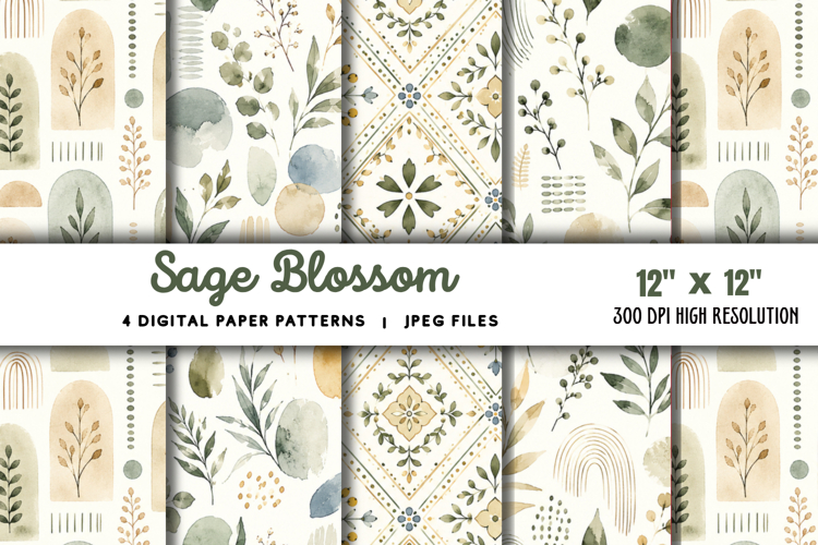 Sage Blossom Watercolor Digital Papers JPG