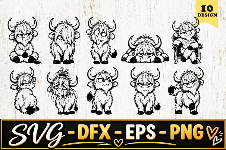 Grumpy Highland Cow Cartoon SVG PNG example image 1