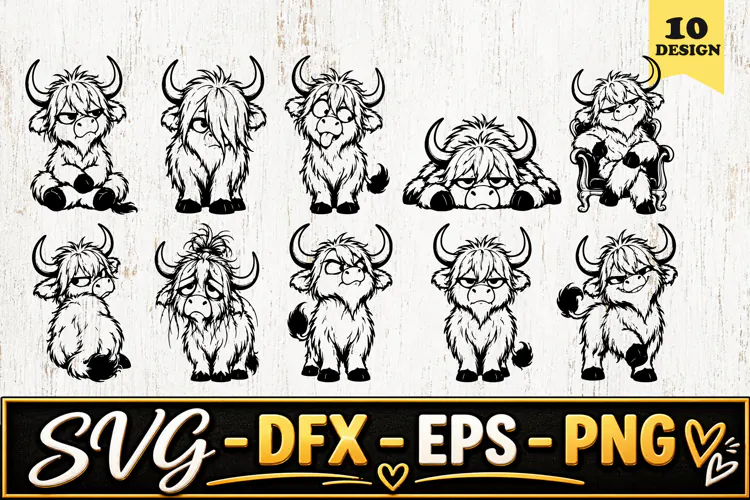 Grumpy Highland Cow Cartoon SVG PNG