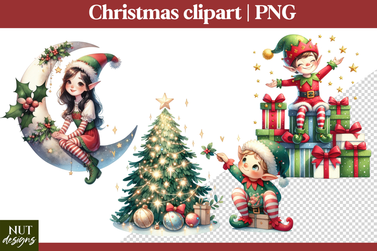 Cute Christmas clipart, Christmas Elf & moon, tree, gifts