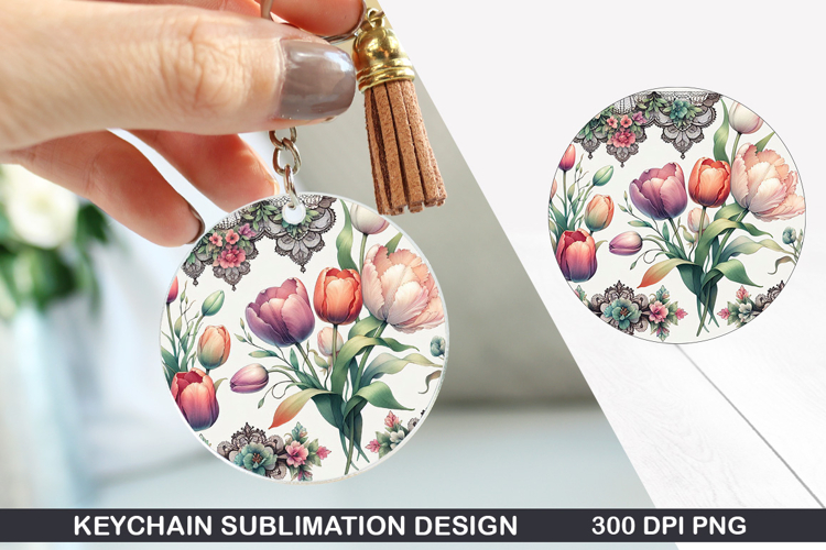 Flower Keychain Sublimation - Valentine Keychain PNG Design