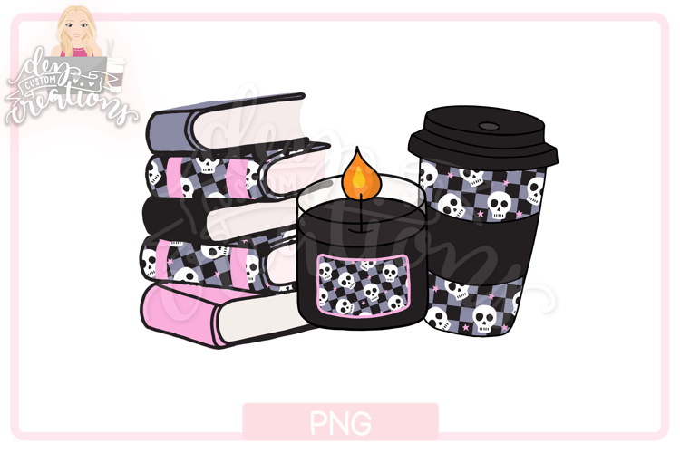 Halloween PNG: Bookish design with Candle, Coffee & Books