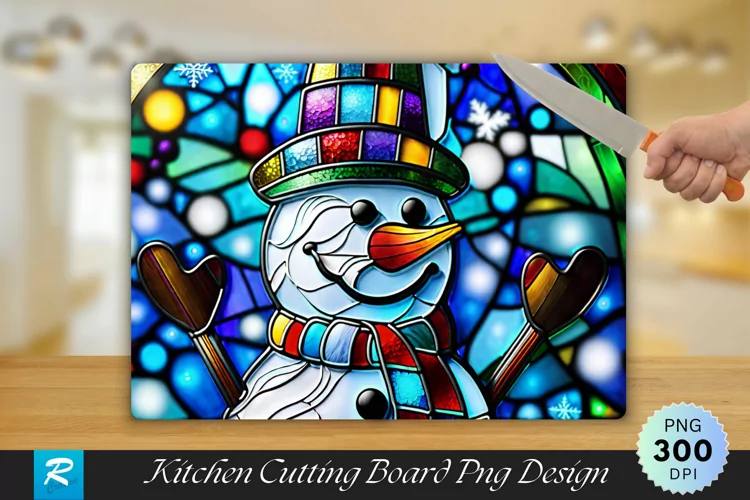 Stained Glass Snow Man Cutting Board Sublimation Design