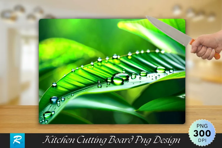 Water Drops on a Green Leaf Cutting Board Sublimation Design
