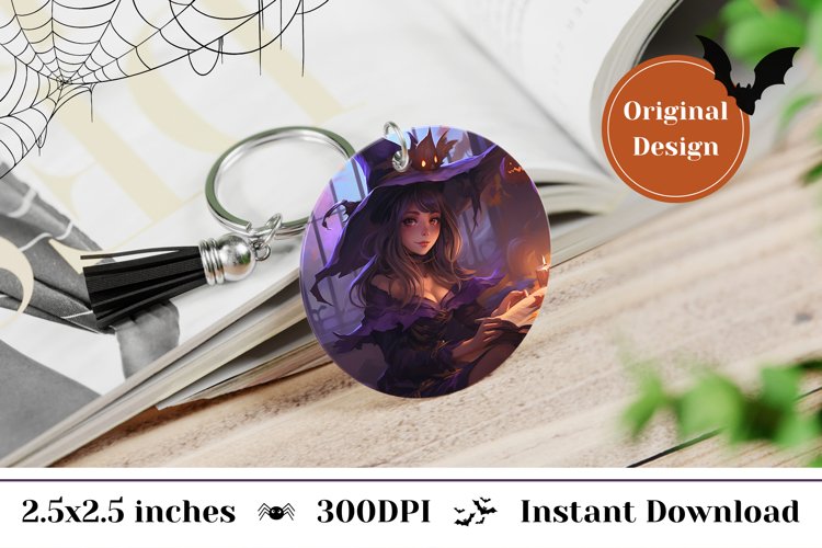 Halloween Round Keychain, Halloween Witch Sublimation PNG