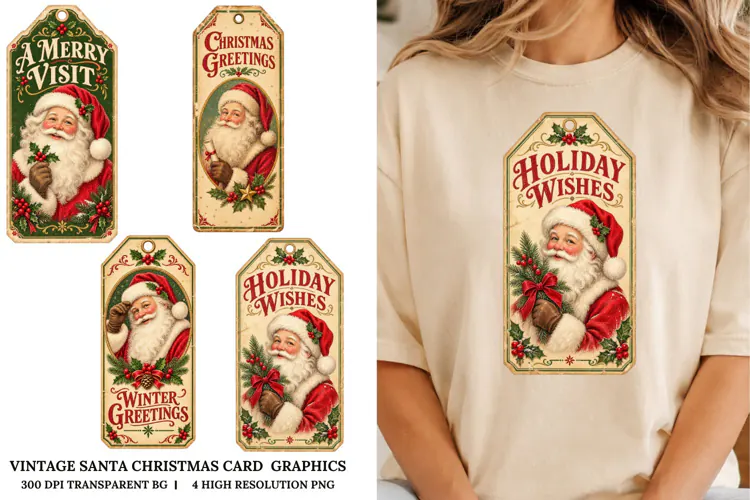 Vintage Santa Christmas Card PNG Retro Holiday Sublimation
