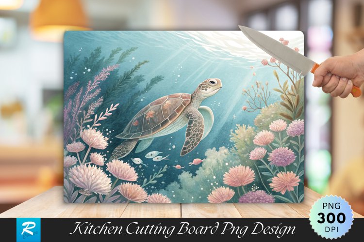 Underwater Serenity Turtle Pastel Flora Cutting Board PNG